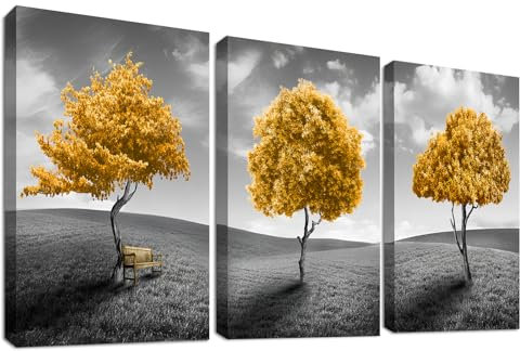 3Pcs Cadre en bois Impression sur Toile mus Arbre de vie jaune Tableau Image sur Toile Gris Arbre d'automne abstrait Tableau Decoration Muale Salon Chambre Salle de bain 120x60cm(16x24x3)