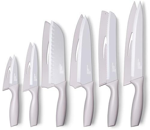 TEAMFAR Küchenmesser, 6-tlg Edelstahl Messer Set mit Schutzhülle, Scharfe Messerset mit Antihaftbeschichtet, Inkl. Kochmesser Brotmesser Santokumesser Fleischmesser Schälmesser Allzweckmesser, Khaki