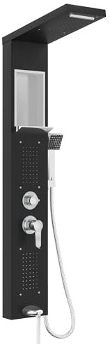 FIVMEN Pannello doccia con colonna doccia in acciaio inox, 5 funzioni, doccia a pioggia a cascata, getti massaggianti, doccetta per vasca e doccia, set completo, nero
