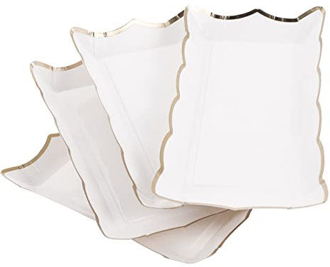MAGICLULU 4pcs Square Paper Lace Plate Lemon Paper Plate Rectangle Serving Tray Cake Decorating Snack Tray with Lid Charger Plates Party Plates Gold Rim Serving Tray Double Themed Pan White