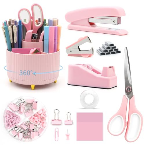 QpenguinBabies Accessoires de bureau roses, Set de porte-stylo rotatif, Fournitures de bureau roses, Cadeaux pour les fonctionnaires de Étudiant