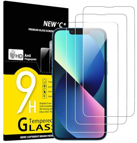 NEW'C Lot de 3, Verre Trempé pour iPhone 14, iPhone 13, iPhone 13 Pro (6,1 Pouces), Film Protection écran -sans Bulles d'air -Ultra Résistant (0,33mm HD Ultra Transparent) Dureté 9H Glass