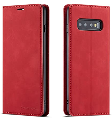 QLTYPRI Hülle für Samsung Galaxy S10, Premium Dünne Ledertasche Handyhülle mit Kartenfach Ständer Flip Schutzhülle Kompatibel mit Samsung Galaxy S10 - Rot