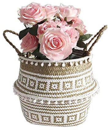 SZETOSY Natural Seagrass Storage Basket - GOODCHANCEUK Seagrass Belly Basket With PomPom Foldable Woven Basket With Handle for Laundry, Toys or Planters,Nursery White Floral Texture Style#7 32x28CM