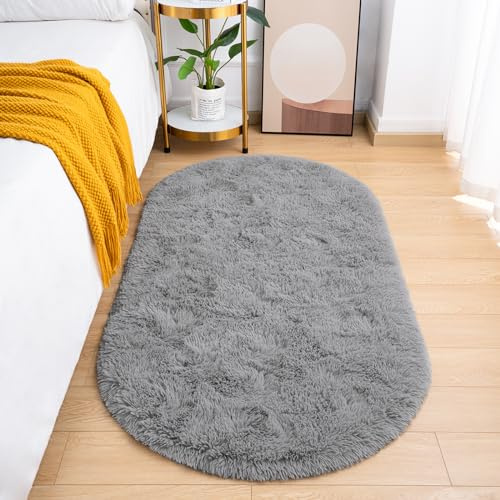 Goideal Flauschiger Schlafzimmerteppich, kleiner, ovaler Teppich, grauer Zottelteppich, Bettvorleger für Kinderzimmer, Wohnheim, niedlich, flauschig, Innendekoration für Jungen und Mädchen, 7,6 x 150