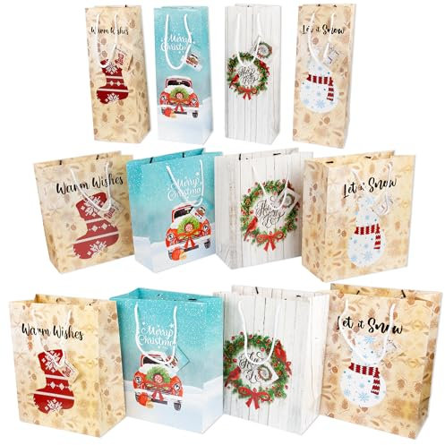 Christmas Jingle Gift Bags - Set of 12 Christmas Gift Bags In Assorted Sizes - Includes 4 Large, 4 Medium, and 4 Wine Bottle Bags