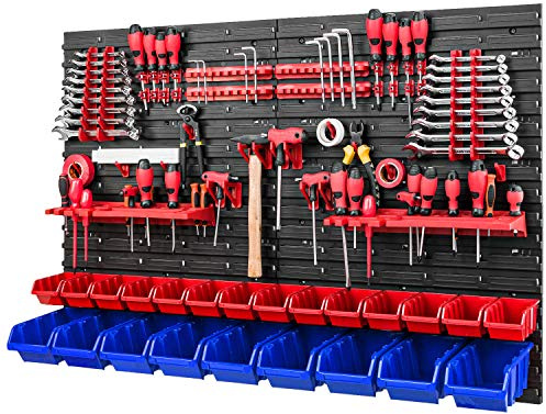 Werkzeugwand Stapelboxen - 1152 x 780 mm - Lagersystem SET Werkzeughaltern und 23 Rot/Blau Boxen - Wandregal Werkstattregal Lochwand Schüttenregal Sichtlagerkästen