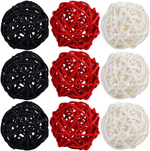 STMK 9 Pcs 3 Inch Wicker Balls Decorations, Rattan Balls for Home Decor DIY Vase Bowl Filler Ornament Baby Room Nursery Décor Wedding Table Decoration (Black, Red, White)