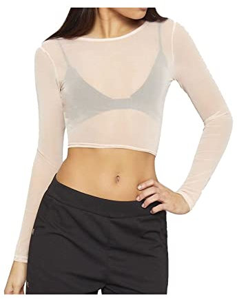 TrendyFashion Womens Sheer Mesh Crop Top Ladies Long Sleeve Crew Neck Plain Stretch New UK 8-14 (Cream UK 12-14)