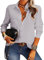 NONSAR Damen Bluse Elegant V-Ausschnitt Hemden Langarm Casual Arbeit Oberteile mit Knöpfen Hemd Lose Langarmshirt Einfarbig Tops (9337XXL, Grau)