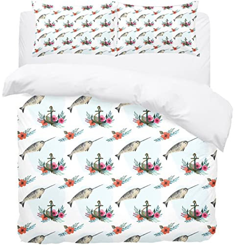 Bettwäsche-Set mit Aquarell-Schwertfisch und Blumenanker, weicher Bettbezug mit 2 Kissenbezügen und 1 Bettwäsche-Set