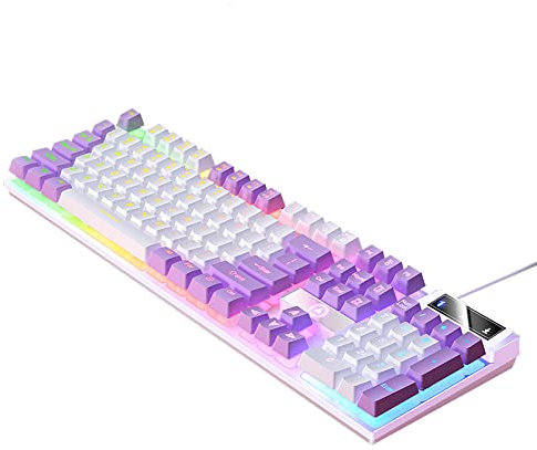 NALLBEIRRAA Gaming Keyboard,Rainbow LED Backlit Mechanical Feeling USB Wired Waterproof RGB Backlight Full Anti-ghosting Keyboard for Computer/PC/Laptop/MAC (White + Purple)
