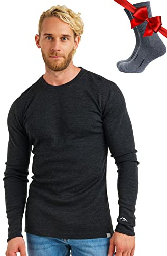 100% Merino Langarmshirt Herren - Merino Unterwäsche Herren + Wollsocken | Atmungsaktive, Geruchshemmend, Schnelltrocknend Merino Shirt Herren, Ganzjahres-Baselayer, Thermooberteil Sport & Wandern