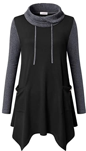 Amrto Blusen Tuniken für Damen Turtleneck Tunika Damen Große Größen mit Asymmetrische Saum Langarm Shirts Tops Lange Hemd Pullover Damen Elegant Sweatshirts mit Taschen, Schwarz & Grau L