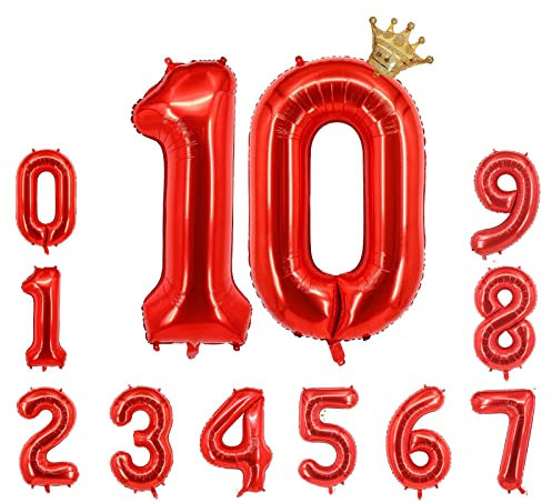 Foil Luftballon 10 Helium Folienballon Zahlen Ballon XXL Folien Rot Ballon 10 Geburtstag 100cm/40inch
