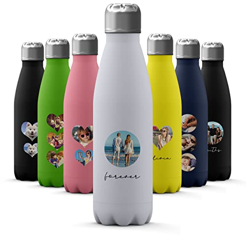 Tirita Custom Photo Personalised Water Bottle - Thermal Travel Flask - Insulated Stainless Steel Bottle - Gym, Office, School Drink - 500ml [09- Photo Circle with Name on White]