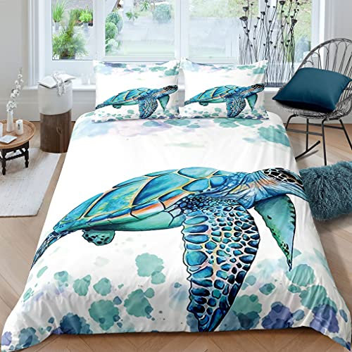 XPINGO Kinder Bettwäsche Meeresschildkröte 135x200 cm 2teilig Jungen und Mädchen 100% Mikrofaser Sommer Weiche Winter Warm Bettbezüge 3D Ozean Schildkröte Bettbezug mit Kissenbezüge 80x80 cm