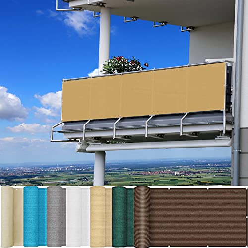 Balkonumspannung 80 x 950 cm Leicht Transparent UV-Schutz Balkon Sichtschutz Ohne Bohren mit Ösen und Kabelbinder für Balkongeländer Terrasse, Khaki