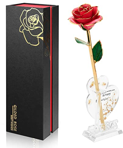 Ariceleo Gold Dipped Infinity Rose Last Forever Flower Decor, Geburtstagsgeschenk für Frauen in Ihrem Geburtstag Valentinstag Muttertag, Harzkonservierte Rose | Jubiläumsgeschenk für Mama(Rosa)