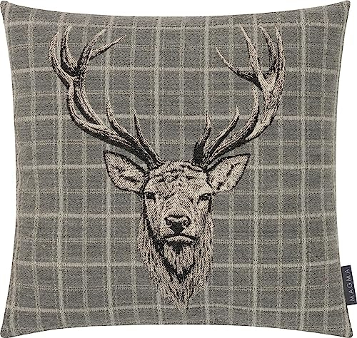 MAGMA Kissenhülle Kissenbezug Hirschkopf Hirsch Landhaus Vintage 45x45cm Burton Jacquard samtig kariert (Grau)