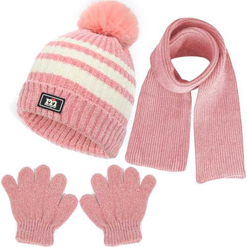 NLAND Bambini Cappello a Maglia Termica Sciarpa Guanti Set 3 Pezzi Berretto Beanie con Pompom Caldo Scaldacollo Accessori Invernali Set per Bambina Ragazzi Ragazze 1-5 Anni(Rosa,Taglia unica)