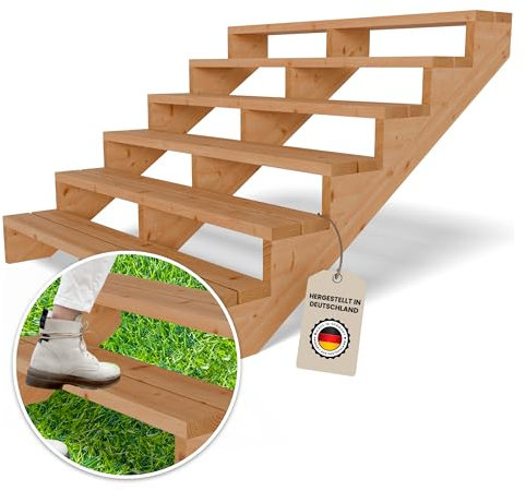 Gartenwelt Riegelsberger Terrassentreppe aus Lärche natur – 150 cm breit, 6 Stufen, Gesamthöhe 106 cm – wetterfeste Außentreppe aus Massivholz inkl. Wangen, Bohlen & Schrauben