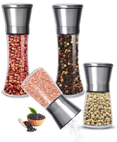 Gucass 4 molinillos de sal y pimienta, juego de molinillos de especias con mecanismo de cerámica ajustable, molinillo de pimienta y pimienta, también como molinillo de chile, pequeño manual de sal