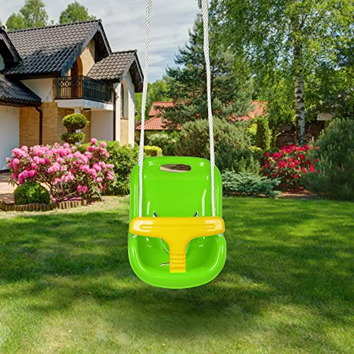 HUOLE Altalena da Giardino 3 in1 per Bambini Seggiolino Altalena Bambini Sedile in Plastica con Corrimano Schienale e Cintura di Sicurezza per Esterno Interno e Neonato (37 * 23 * 40 cm Verde)