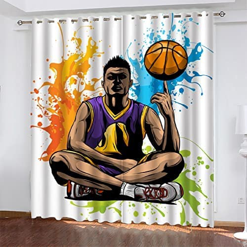 Boys Verdunkelungsvorhang-Set Für Schlafzimmer 3D-Druck Brauner Abstrakter Basketballspieler Vorhänge Für Kinderzimmer Schiebegardine Blickdicht Für Dekoration Wohnzimmer Hotelbüro Esszimmer 280 (B)