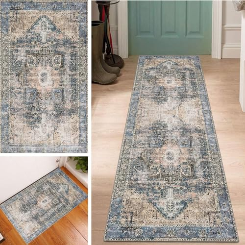Boho Blau Läufer Teppich Lang Flur Küche 40x100cm, rutschfest Waschbar Vintage Klassisch Muster Korridor TeppichLäufer Polyester Teppichmatte Dauerhaft, Anpassbar Meterware