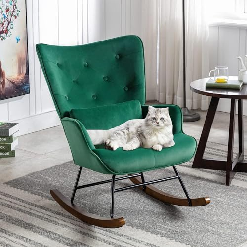 Matomn Schaukelstuhl Schaukelsessel Samt Sessel Wohnzimmer mit Metallgestell und Holzsockel Skandinavischer Polstersessel Moderne Sessel Relaxstuhl für Schlafzimmer Kinderzimmer Hotel Grün