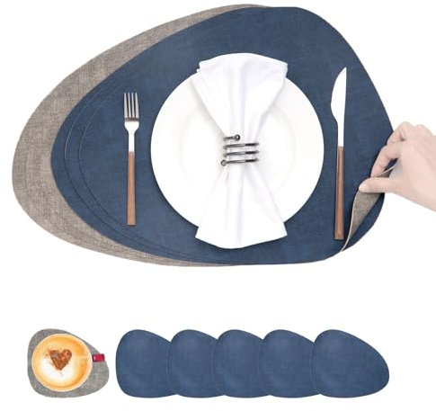 Tischsets Platzsets Abwaschbar,Platzdeckchen Abwaschbar und Unterteller,Tischset Leder,Doppelseitigen Platzset 4er Set Platzdeckchen Rund,Tischset Lederoptik Teller Untersetzer(Hellgrau Dunkelblau)