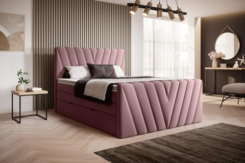 Boxspringbett Celia 140x200 Doppelbett Polsterbett Bett mit Stauraum | Bezug: Samt | Farbe: Rosé | Härtegrad: H3 (70-100kg)