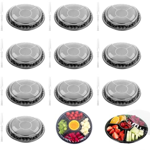 HXSYKJDM 10PCS Compartment Trays with Lids, Plastic Serving Platter, Black Reusable Serving Platters with Airtight Lids 6 Cells Takeaway Trays for Salad Sushi Snack