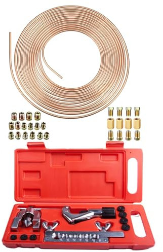AXILYZE Brake Pipe Flaring Tool, Brake Pipe Kit for Brake Pipe Flaring, with 10m 3/16 Copper Coated Brake Pipe and 28 Brake Pipe Fittings, Ideal for Vehicle Brake Systems, Air Conditioning Systems