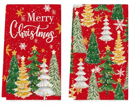 Artoid Mode Rot Schneeflocken Bäume Stern Weihnachten Küchentücher Geschirrtücher, 42x65 cm Merry Christmas Deko Polyester Handtücher 2er Set