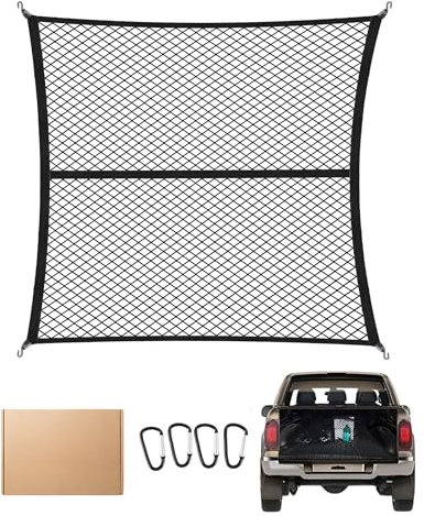 FoundGo 120x120cm Single Layer Elastic Cargo Net - Stretches to 210x210cm for Truck, Motorhome, Van, Pickup - Includes 4x Steel Carabiners, 4x ABS Hooks