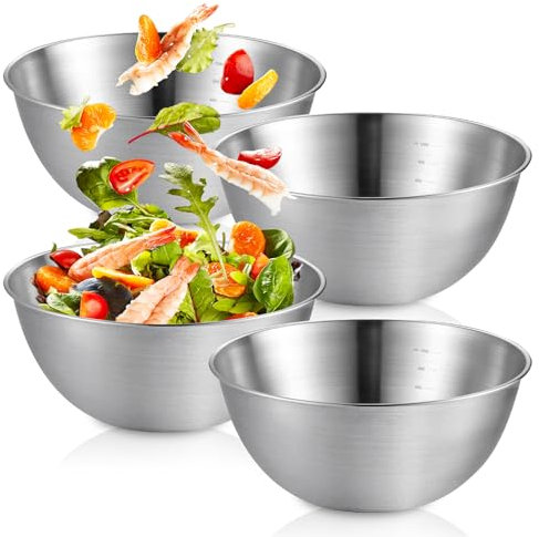 Bol de Acero Inoxidable 304, Set de 4 Bowls Cocina, Ensaladera, 1,2L 19CM, Aptos para Lavavajillas, Apilables para un Fácil Almacenamiento, para Hornear, Servir y Picar.