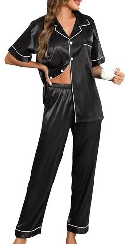 Lovasy Pigiama Raso Donna a Maniche Corte Pigiama Due Pezzi Seta Corto Set con Bottoni Revers Pigiama con Tasche