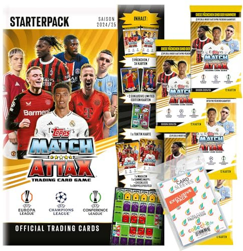 Bundle mit Match Attax Champions League 2024/25 - Trading Cards - 1 Starter + 5 Booster + Exklusive Collect-it Hüllen