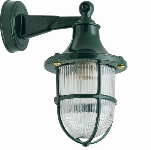 Licht-Erlebnisse Außenleuchte Wand Glas Echt-Messing 27 cm hoch IP64 Grün E27 Maritim Wandlampe aussen Balkon Beleuchtung Außenlampe Haus Tür