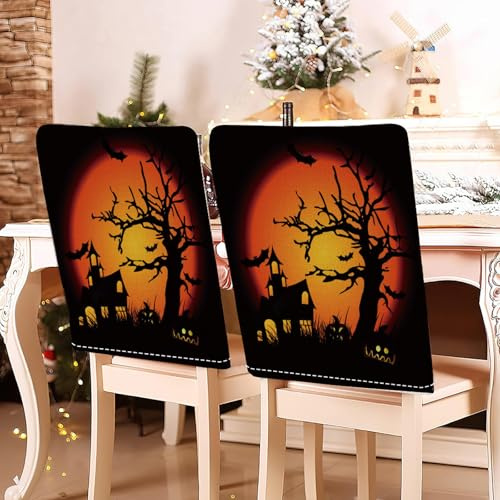 Hiseng Halloween Stuhlhussen Halloween Stuhlrückenbezug 2/4/6/8er Set, 58x49cm Schutzhülle Baumwoll-Leinen Halloween Dekoration für Esszimmerstühle, Party (Halloween 7,6er Set)
