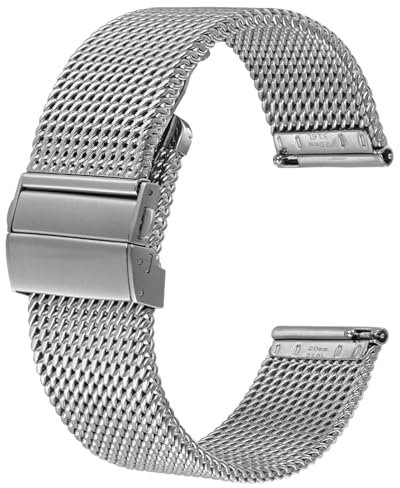 BISONSTRAP Metall Uhrenarmband, Faltschließe, 316L Edelstahl Mesh Armband, Schnellverschluss Ersatzarmband für Damen und Herren, 22mm, Silber