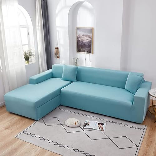 Elastischer einfarbiger Sofabezug für Wohnzimmer, Eckcouch, L-förmiger Chaiselongue-Stuhl-Schonbezug, 4-Sitzer, 235 x 300 cm, Cyan