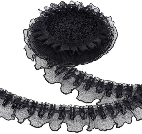 PH PandaHall 10 Yards Schwarze Rüschen Spitzenband Trim Plissee Spitze Stoff Trim Rüschenbesatz 6cm Breit Doppellagig Gerafft Zum Basteln Nähen Verzierungen