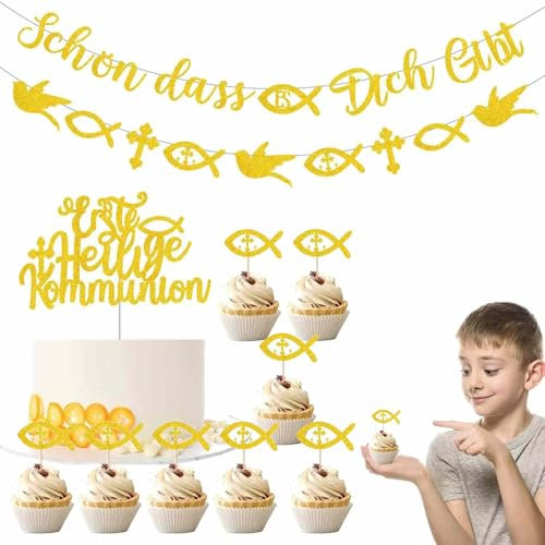 Heilige Kommunion Dekoration Set - Erstkommunion Tortenstecker & Girlande Komplettset mit Blumenmotiv (Perfekte Taufe Dekoration für Kinder) - Inkl. Alles Gute zur Konfirmation Banner, Torten
