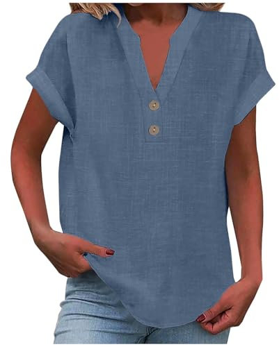 Womens Tops, My Orders, Ladies Tops 2025 Women's Summer Cotton Linen Cap Sleeve T-Shirt Button V Neck Tunic Top Fashion Baggy Solid Plain Casual Shirts Trendy Blouse Blue Grey