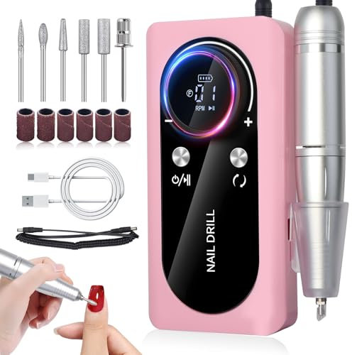 Bindokun Electric Nail Files, 45000RPM Professional Electric Nail Drill Machine, Rechargeable Portable E File Kit for Acrylic Gel Nails with LCD Display Adjustable Speed for Women Salon Home Beginner