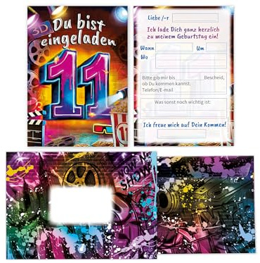 Limonia 12 Einladungskarten inkl. 12 Umschläge zum 11. Geburtstag Kindergeburtstag Kino Cinema Graffiti Street Art Einladung Set Mädchen Kinder Jungs Jungen Boys Teenies Jugendliche Modern