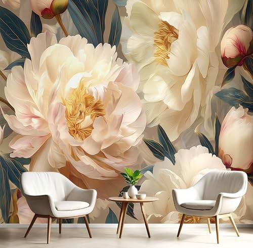 3D Panorama Tapete Aus Seide, 200X140Cm Creme Elegante Pfingstrose,Großes Wandbild, Impressionistische Pflanzen Wanddekoration Fototapete Für Wohnzimmer Kinderzimmer Schlafzimmer Dekoration Poster
